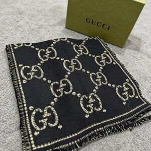 Gucci Black Beige Large GG Bordered Scarf